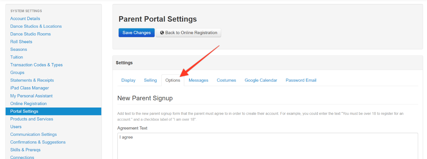 Parent Portal Settings page interface