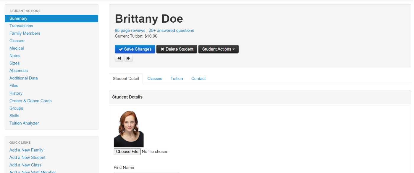 Student profile page interface.