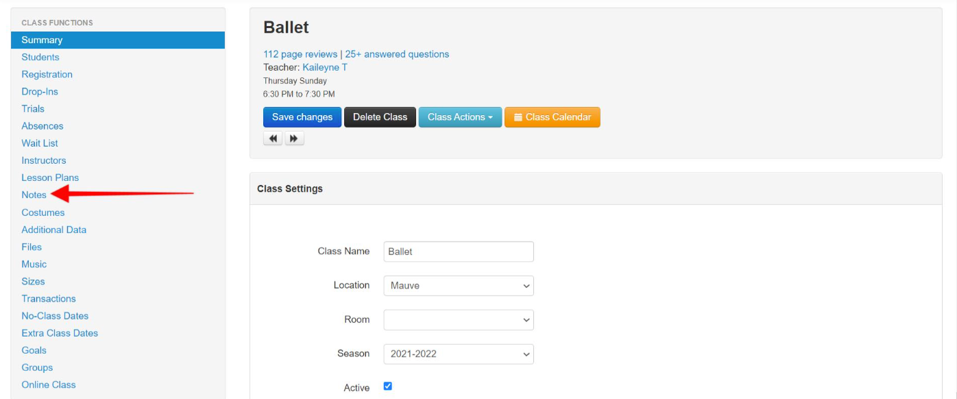 Class settings page with menu and options.