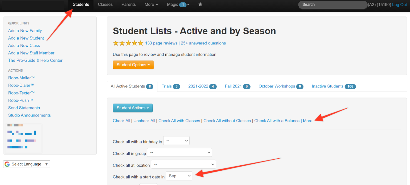 Student management dashboard interface