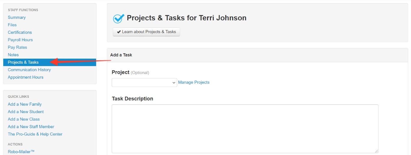 Projects & Tasks interface screenshot