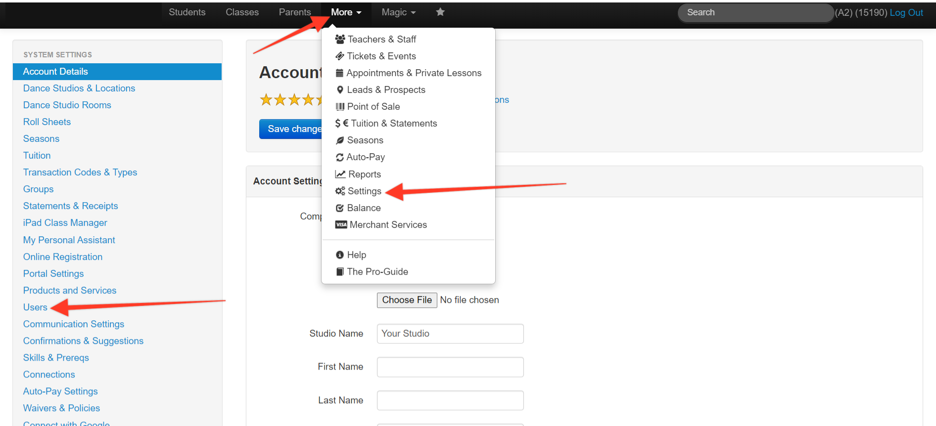 Web interface with settings menu open.