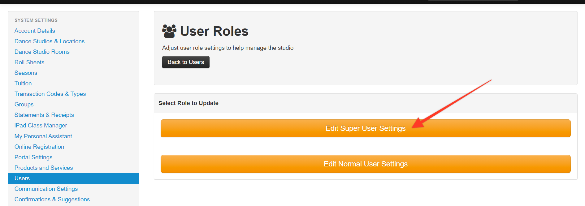 User roles settings page with menu options.