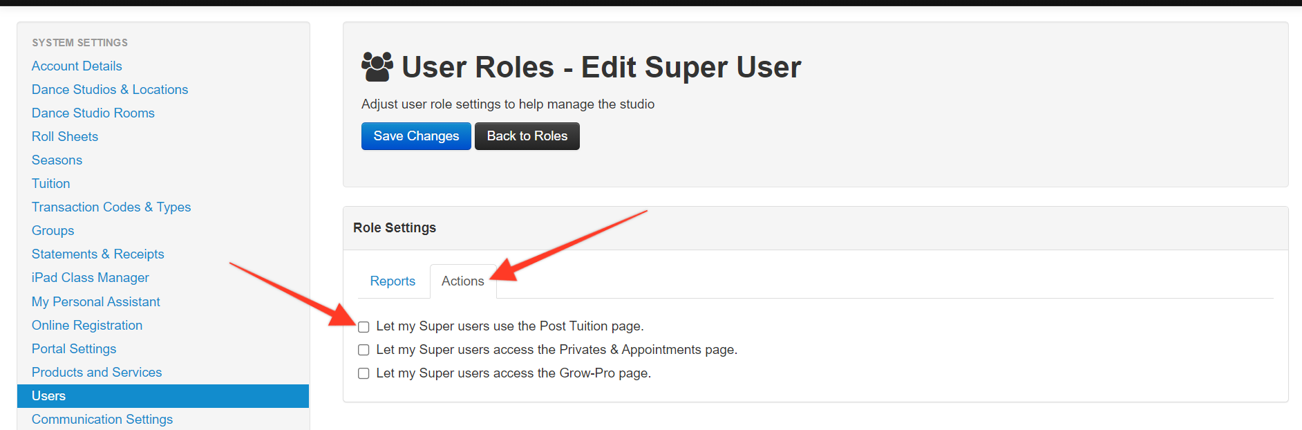 User roles settings page with options.