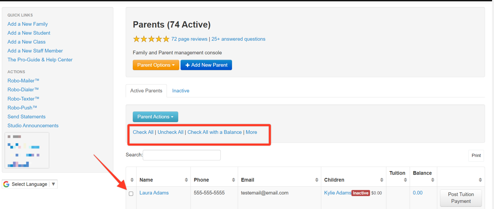 Parent management console interface