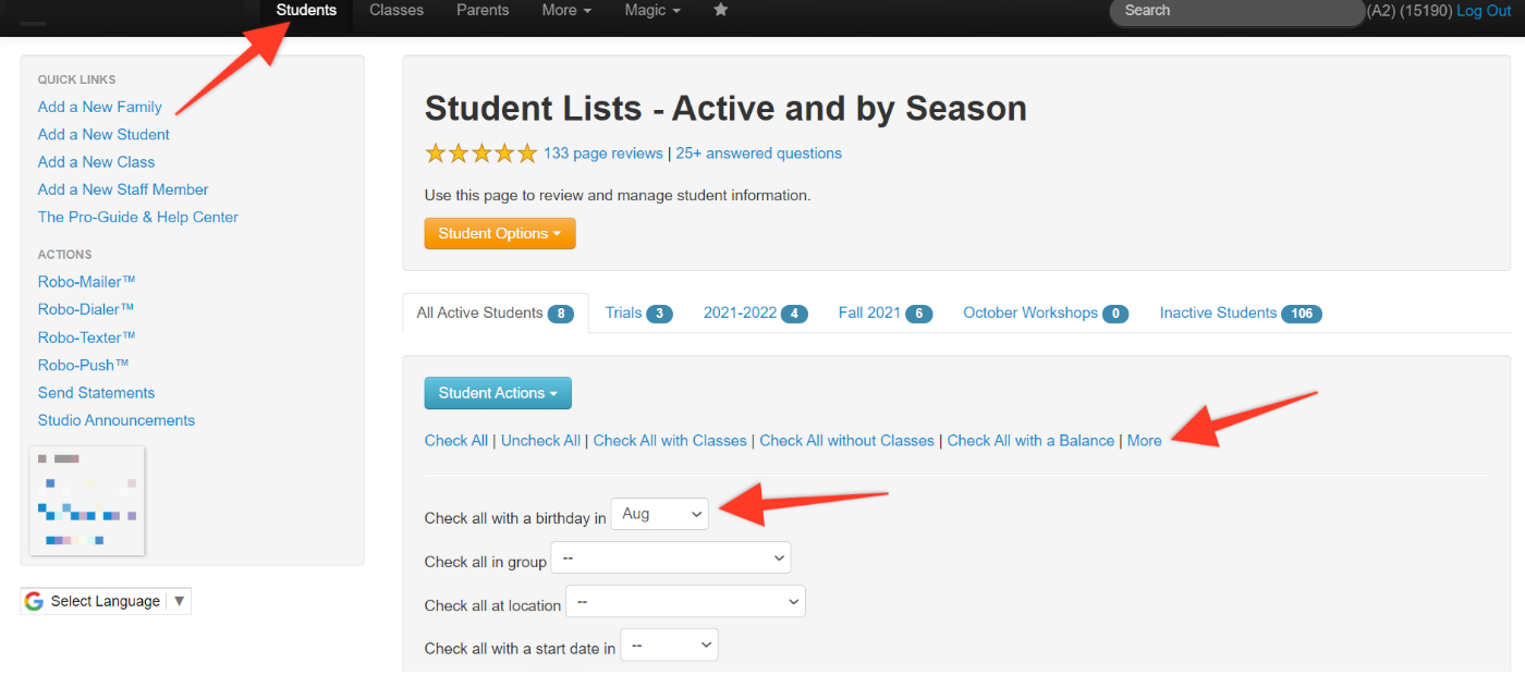 Student management interface with options.