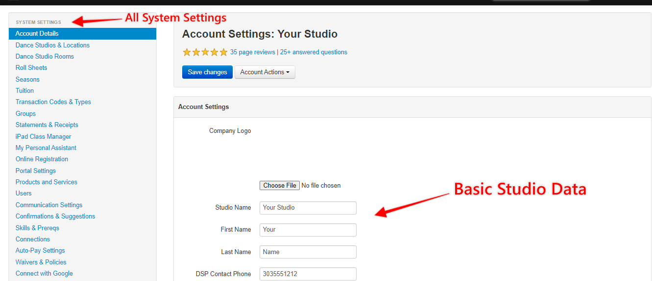 Account settings page with studio details form.