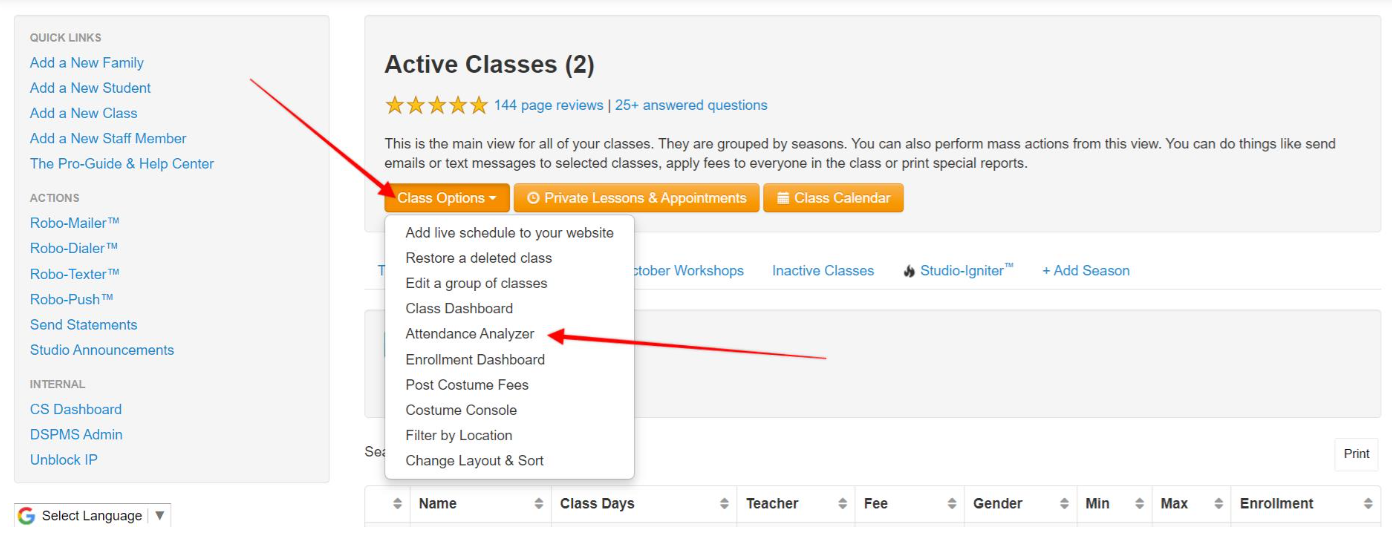 Class options dropdown menu highlighted.