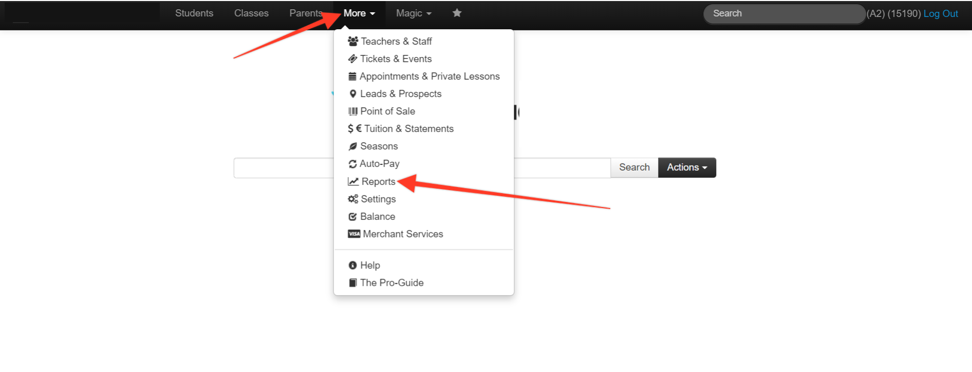 Dropdown menu with 'Reports' option highlighted.