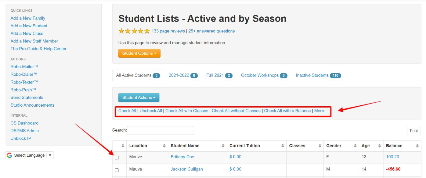 Student management interface with options.