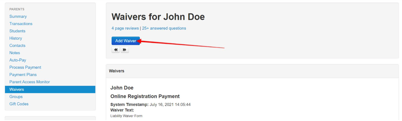Waivers page with 'Add Waiver' button highlighted.