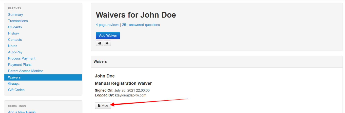 Waivers page with a 'View' button highlighted.