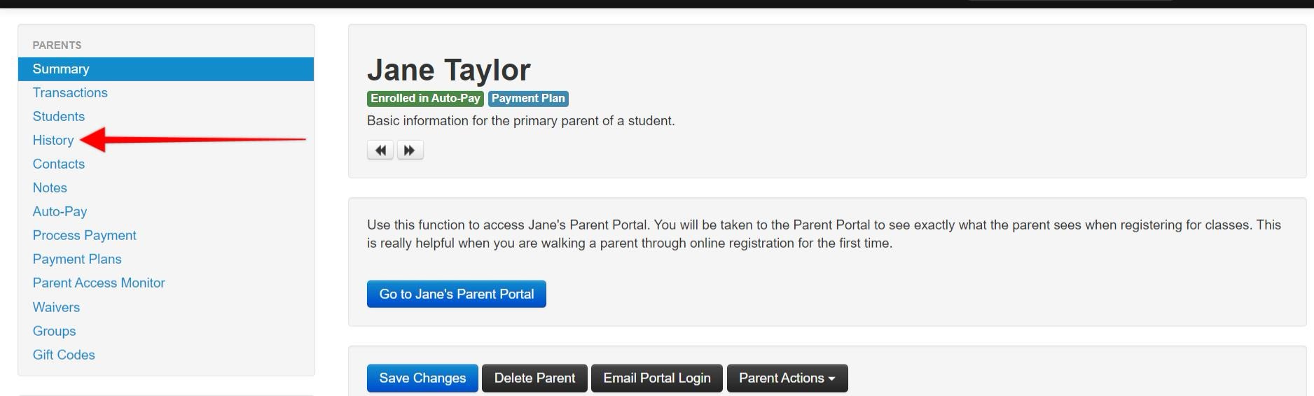 Parent portal interface with navigation menu.