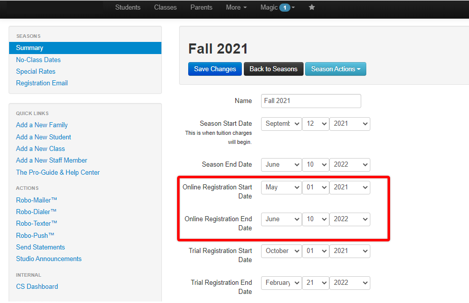 Screenshot of the Seasons Summary page. Red box around the Online Registration Start Date and Online Registration End Date dropdown menus.
