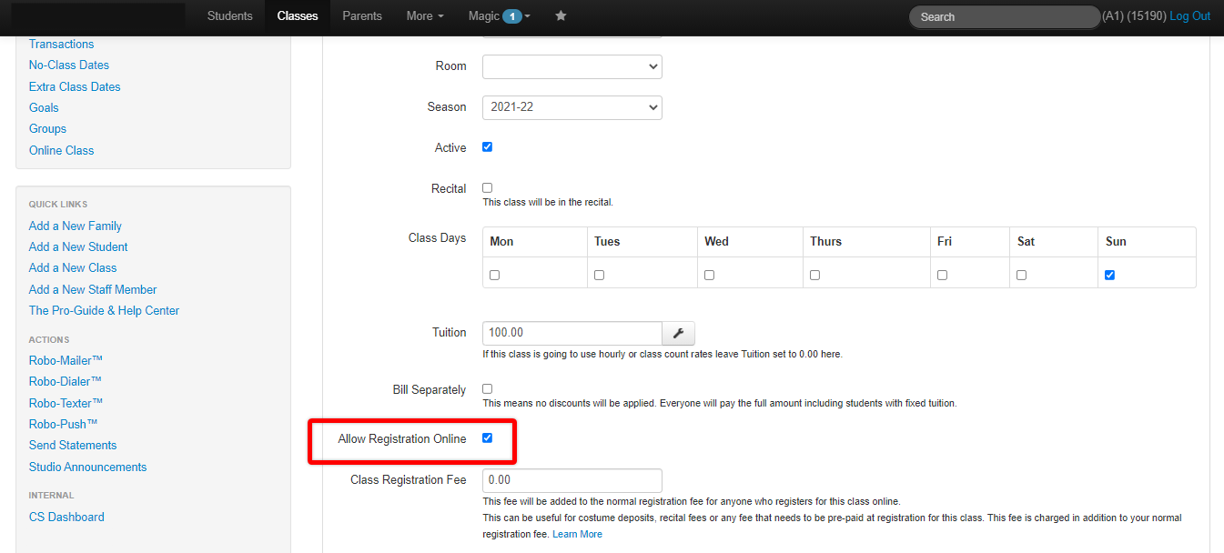 Screenshot of the Classes page. Red box around the Allow Registration Online checkbox, which has been checked.