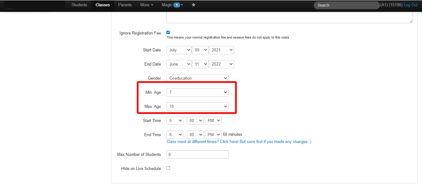 Screenshot of the Classes page. Red box around the Minimum Age and Maximum Age dropdown menus.