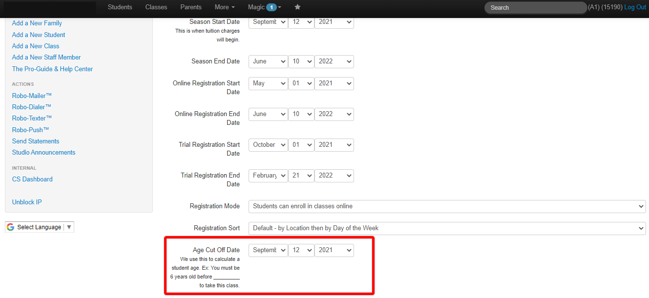 Screenshot of the Classes page. Red box around the Age Cut Off Date dropdown menus.