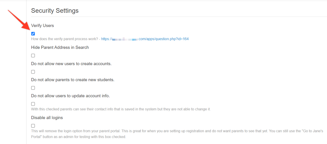 Security settings with verify users option checked.