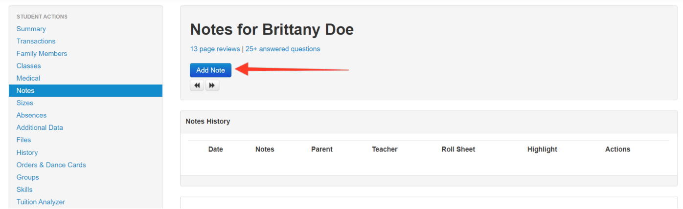 Add Note" button on student notes page.
