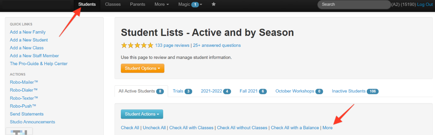 Student management dashboard interface
