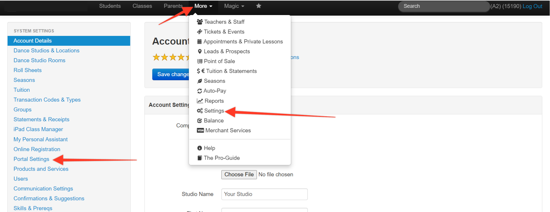 Account settings menu with dropdown options.