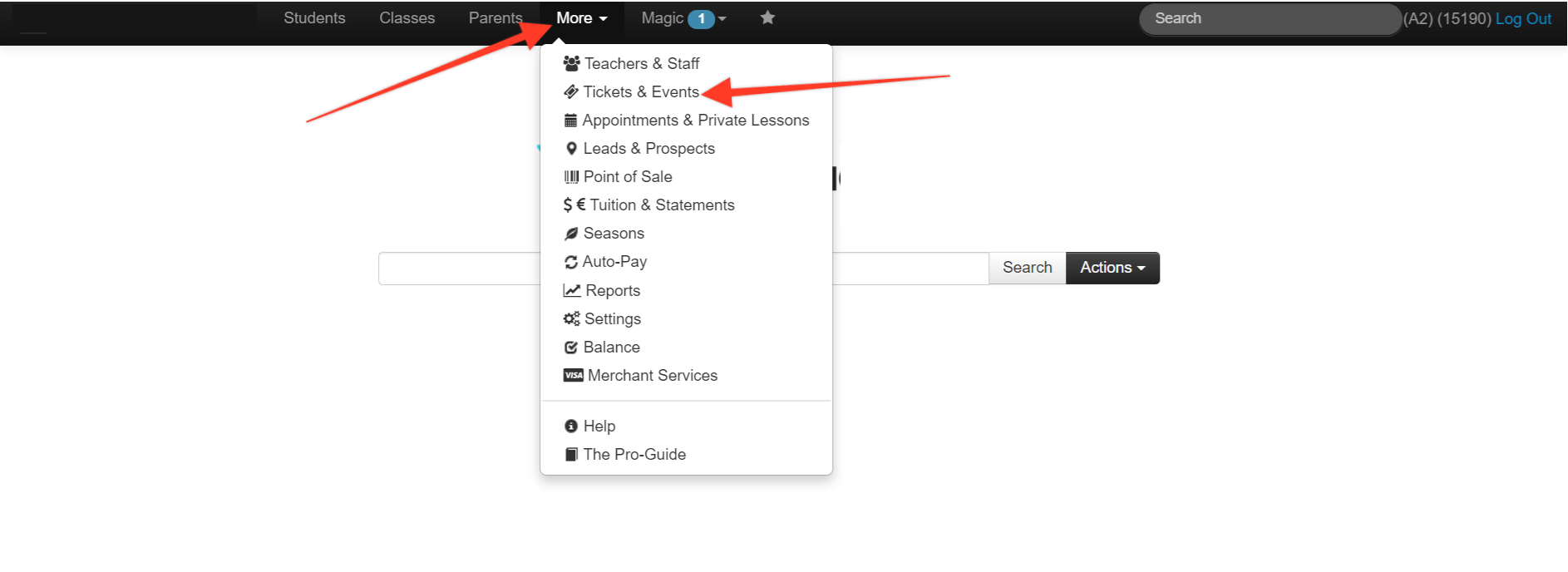 Dropdown menu with various options.