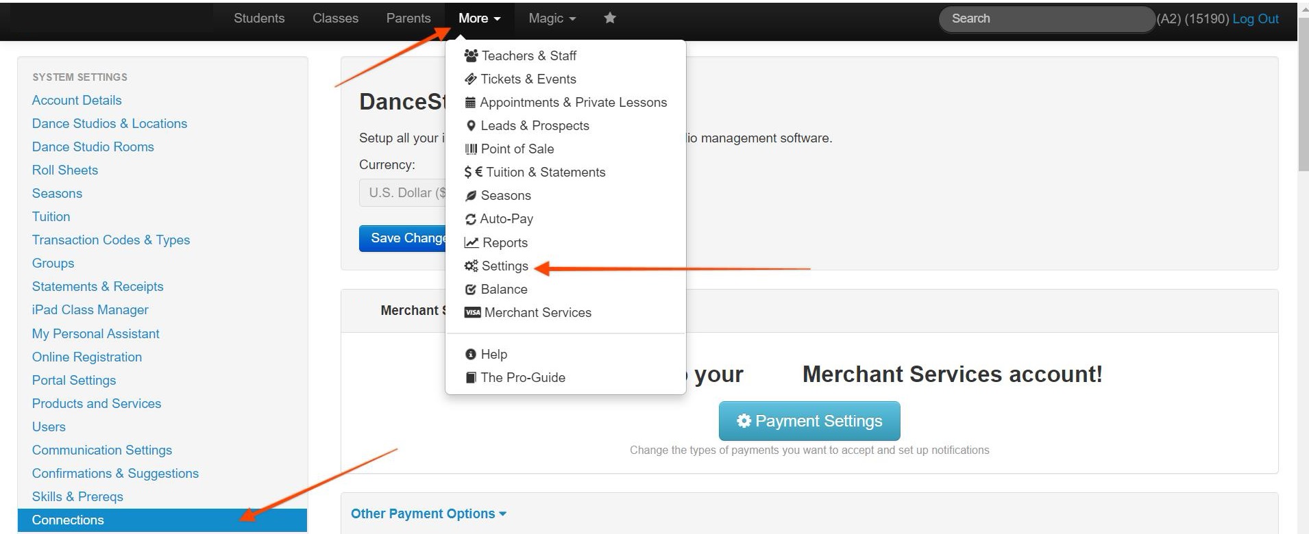 Website menu with settings options highlighted.
