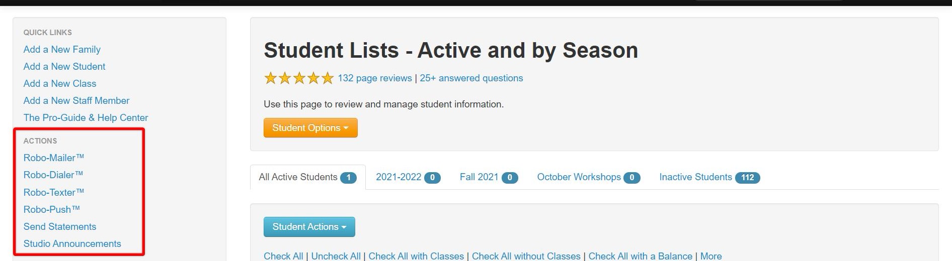 Student management page with action links.