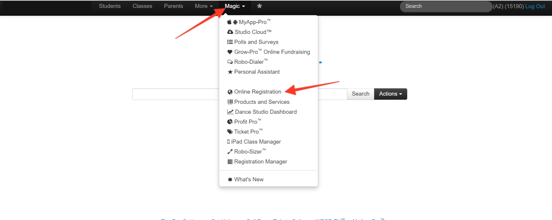Dropdown menu with online registration option.