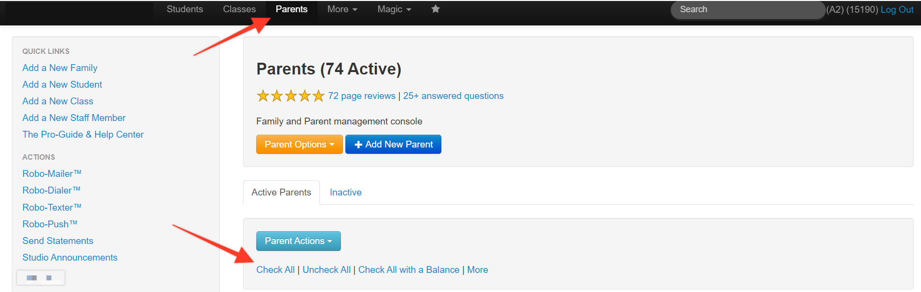 Parent management console interface