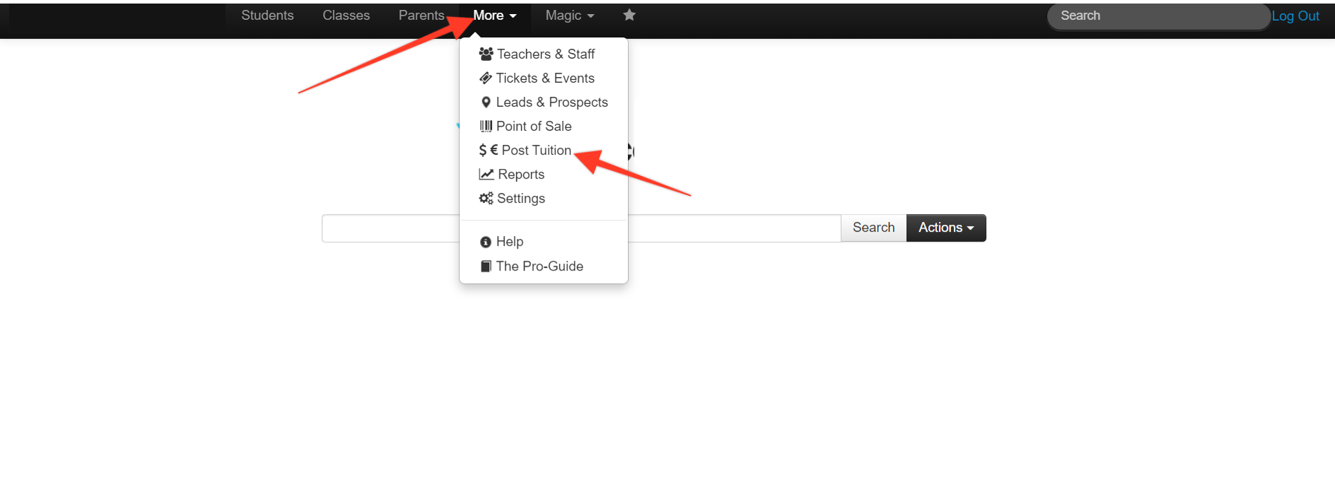 Dropdown menu with various options.