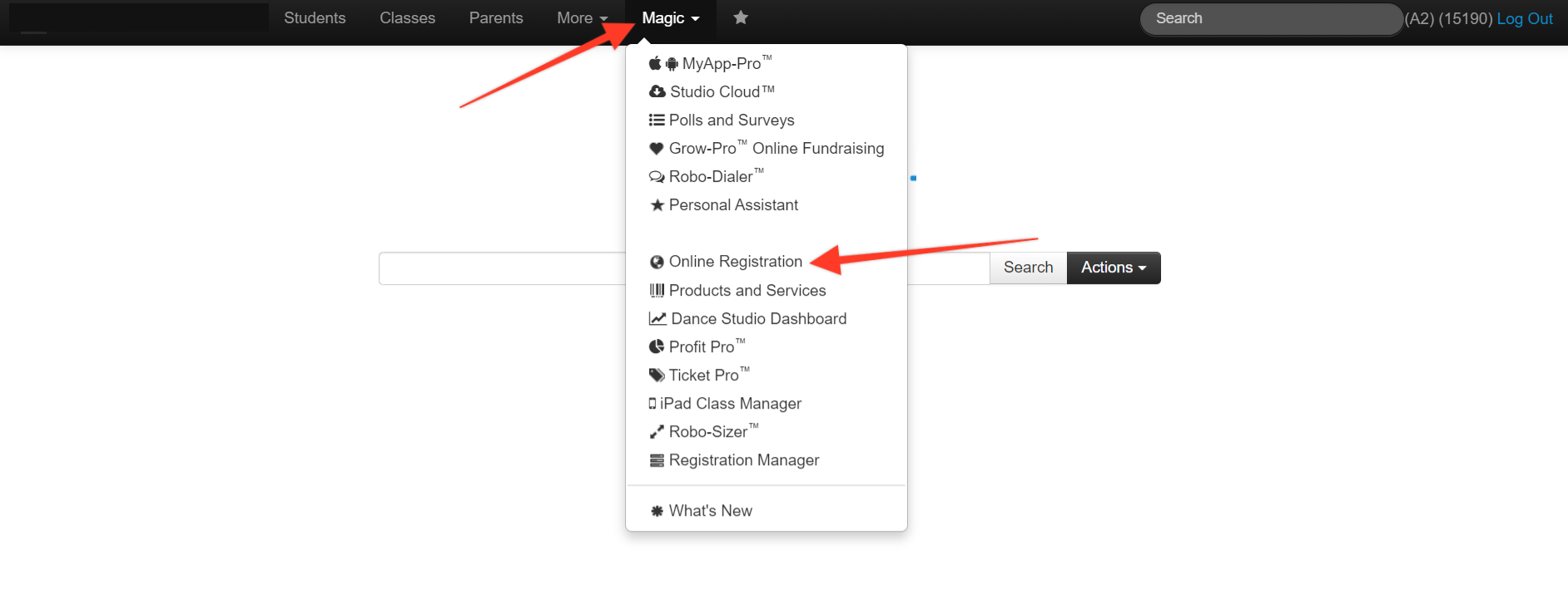 Dropdown menu with online registration option.