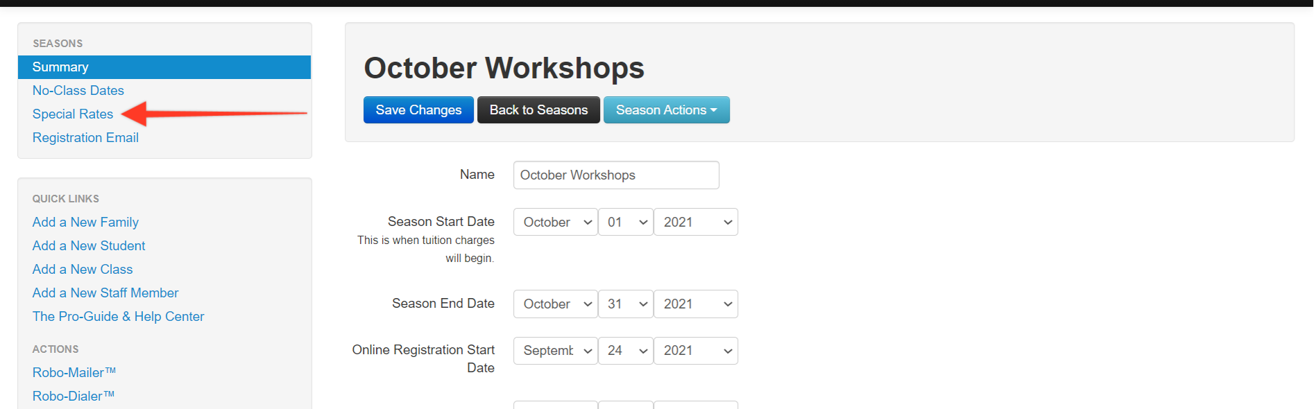 October Workshops settings page