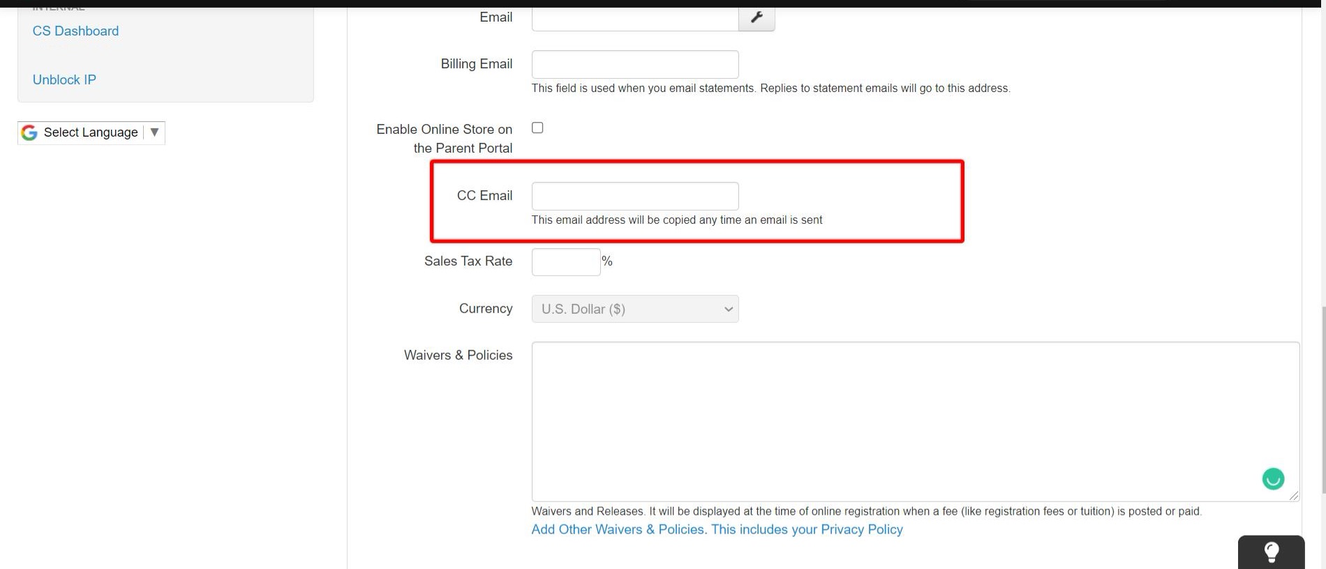 CC Email field highlighted in form.