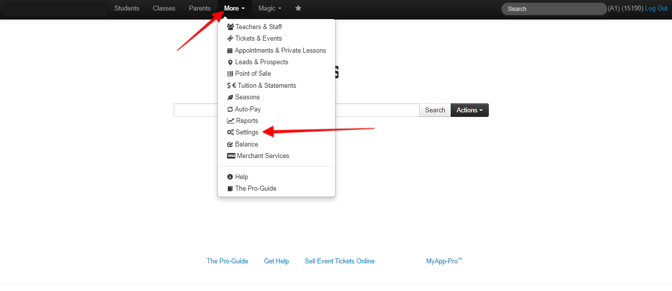 Dropdown menu with settings option highlighted.