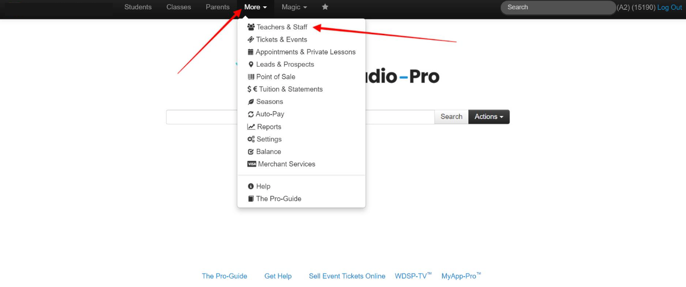 Dropdown menu with various options.
