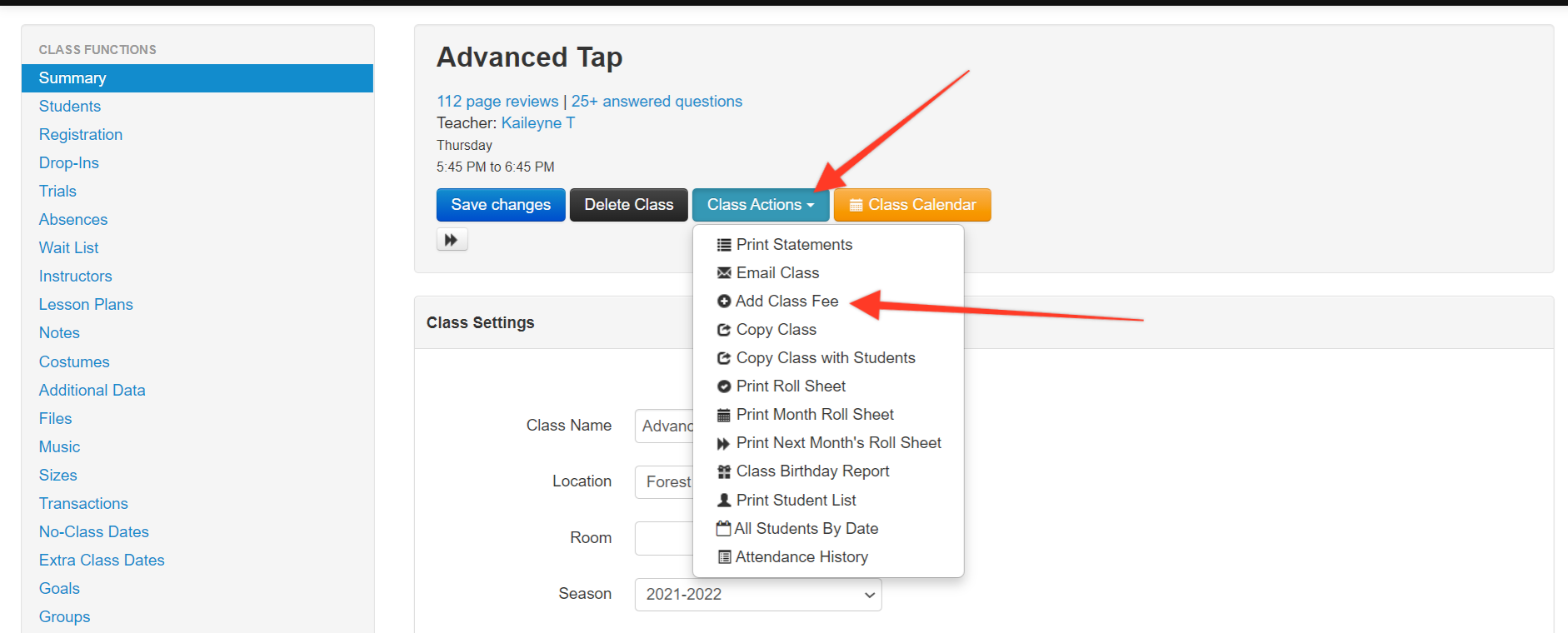 Class management interface with dropdown menu.