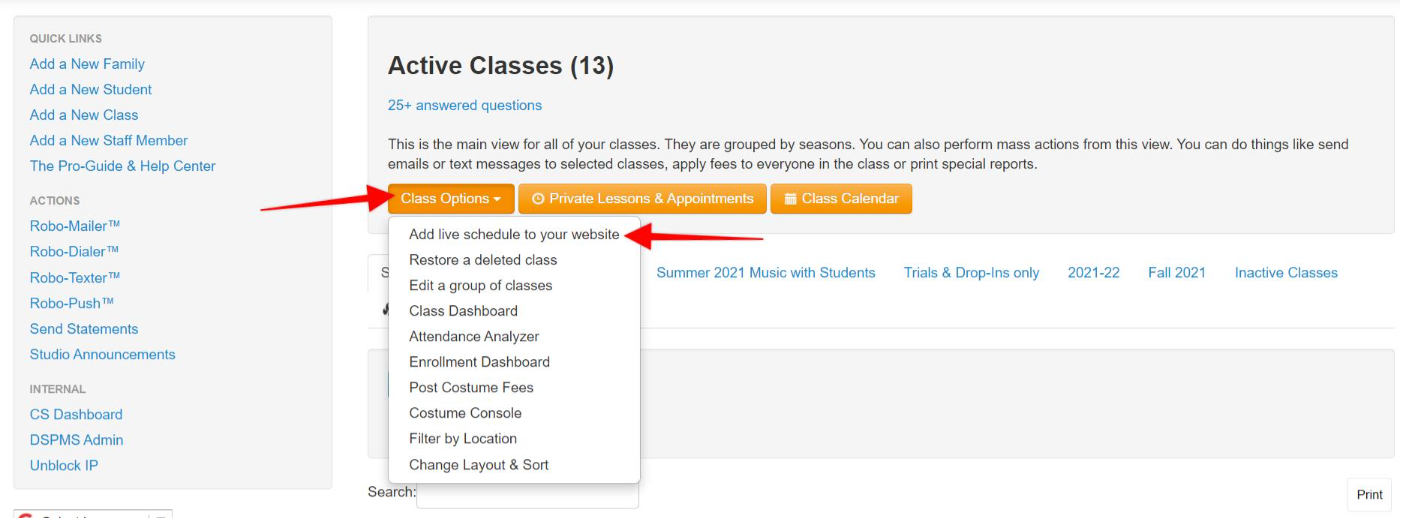 Class options dropdown menu displayed.