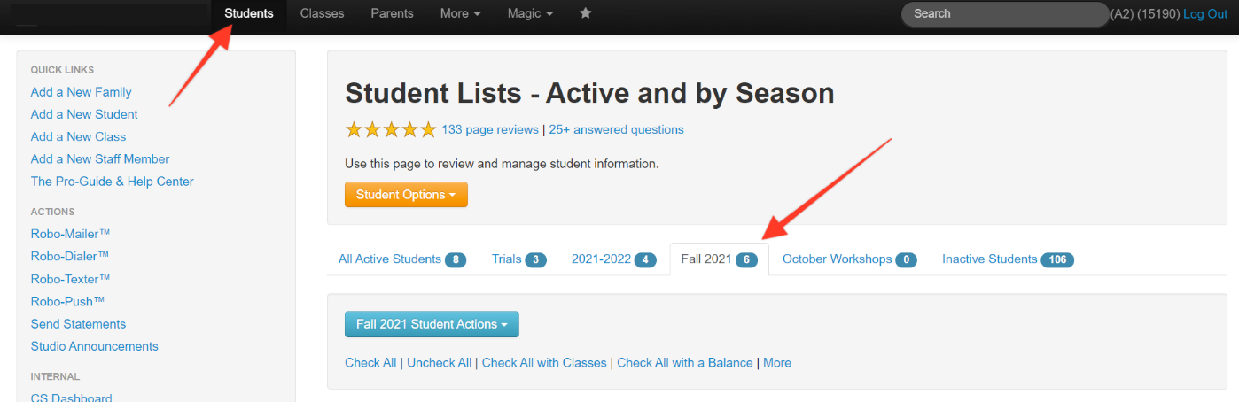 Student management dashboard interface.