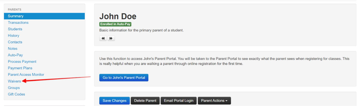 Parent portal interface with navigation menu.