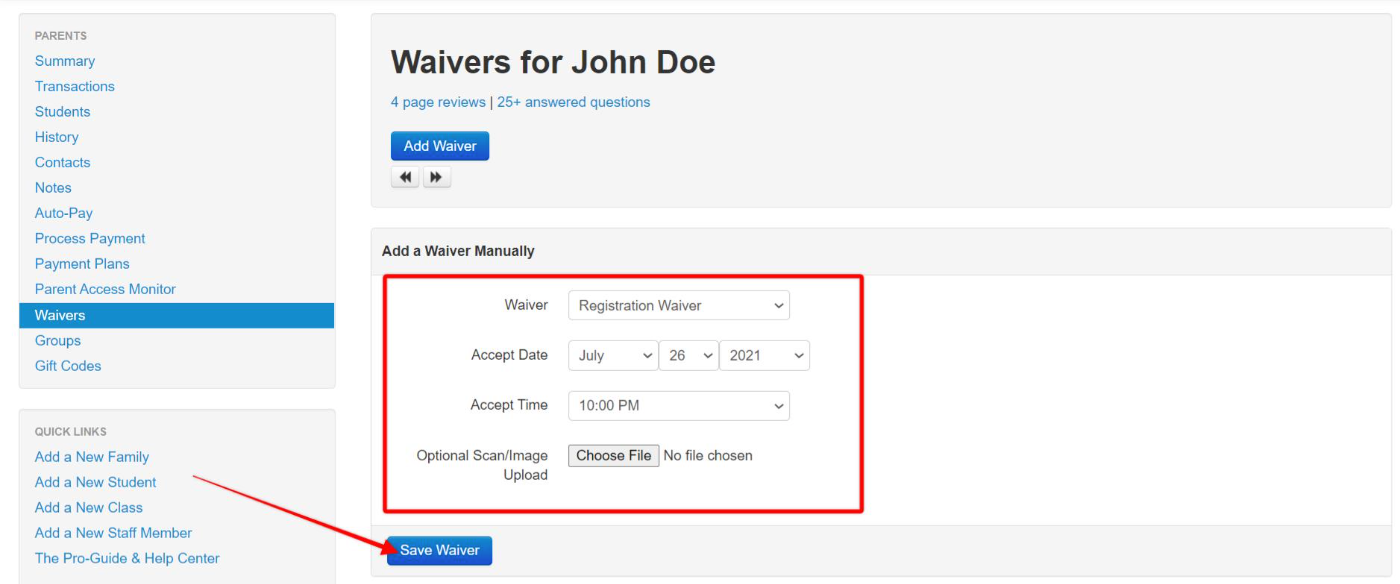 Waiver form interface with save button.