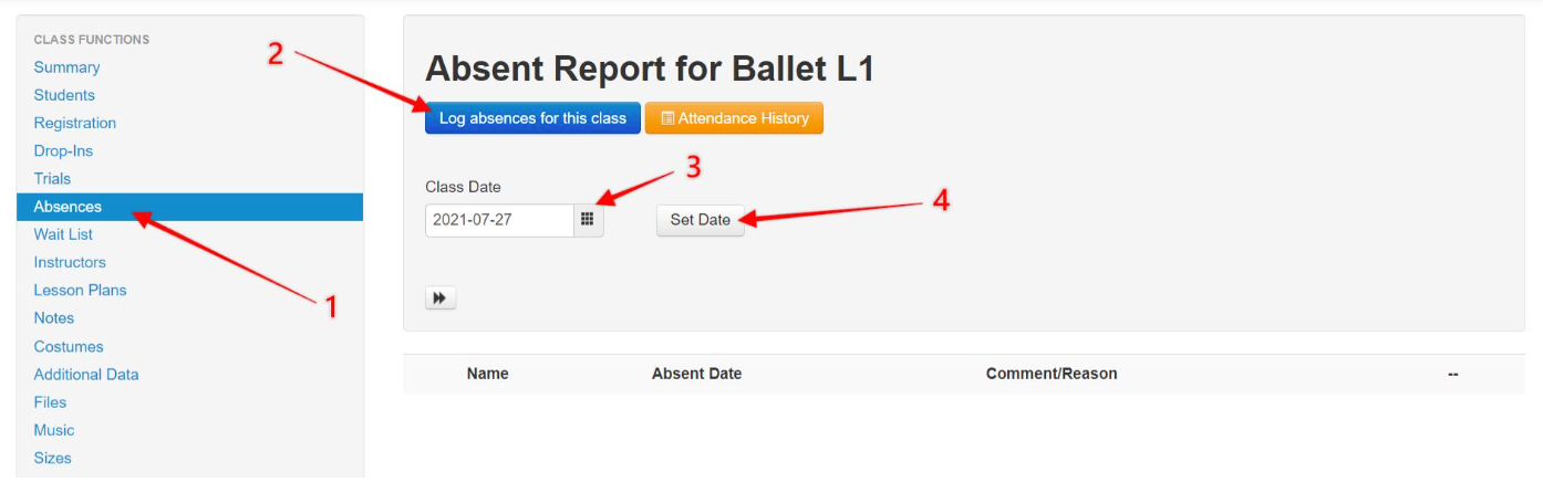 Absent report interface for Ballet L1 class.