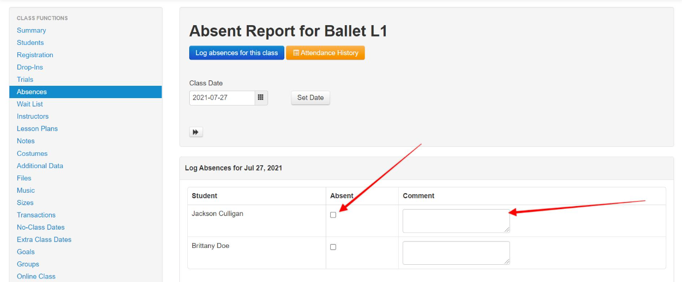 Absence report interface for ballet class.