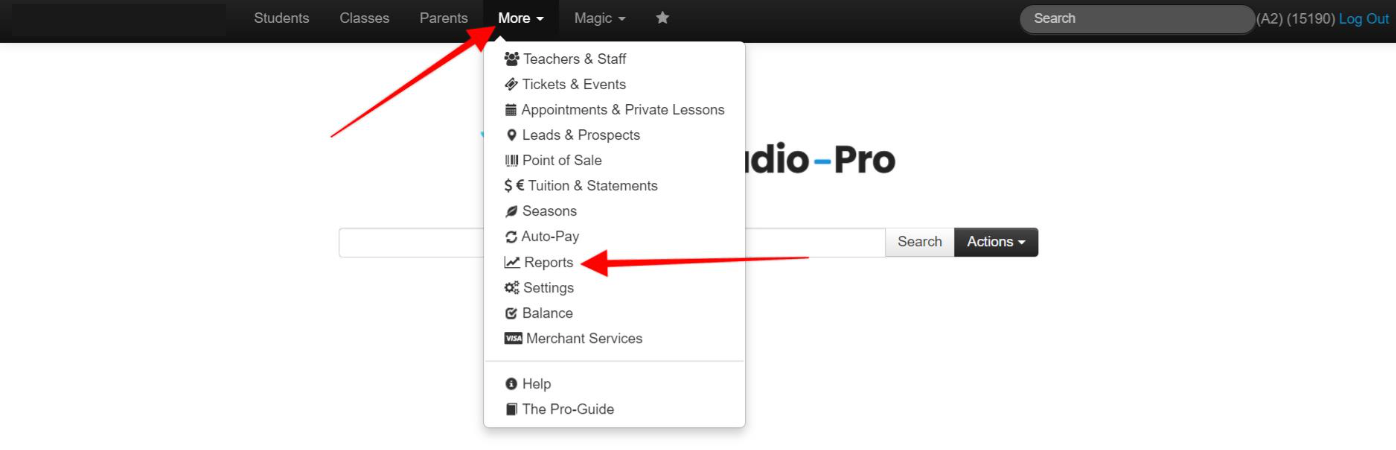 Dropdown menu with "Reports" highlighted.