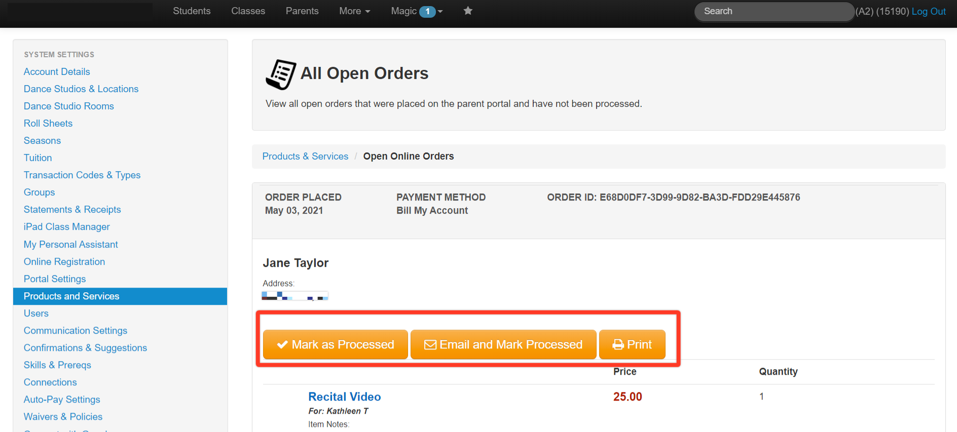 Order management interface with action buttons.
