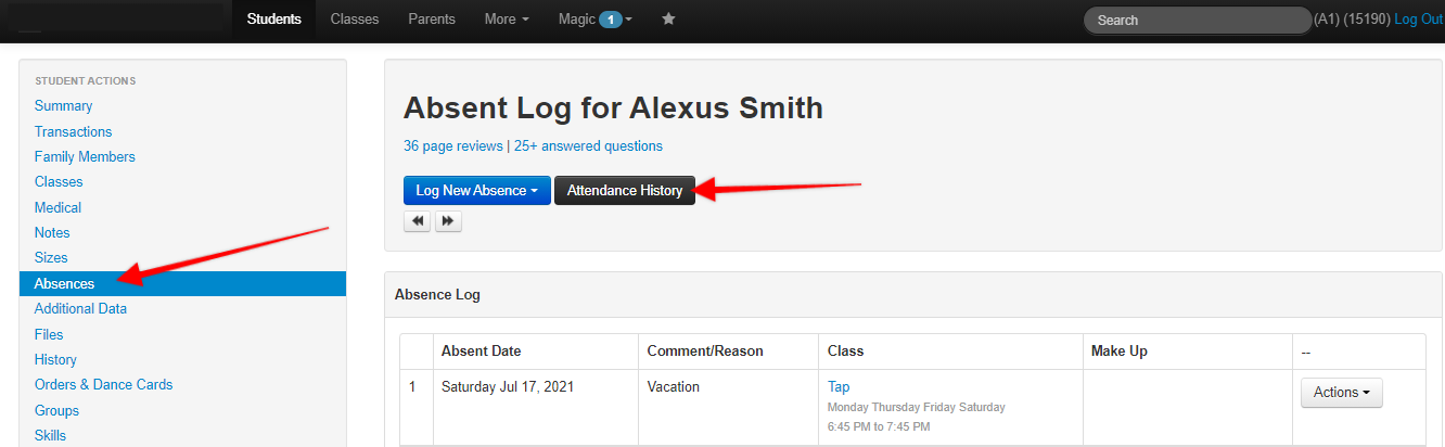 Absence log interface for a student.