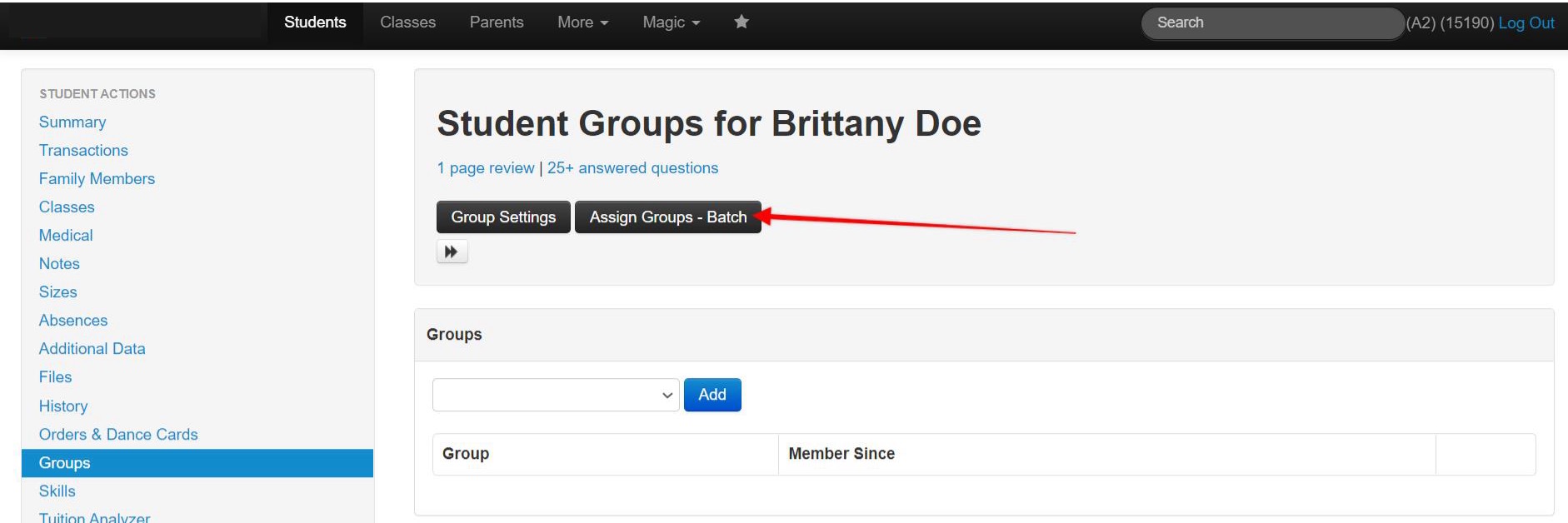 Student group management interface.