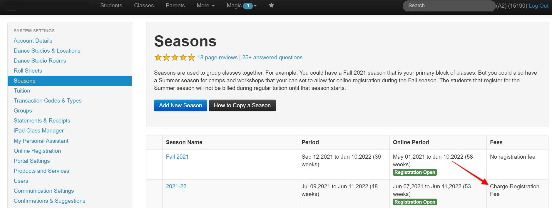 Seasons page with registration details.
