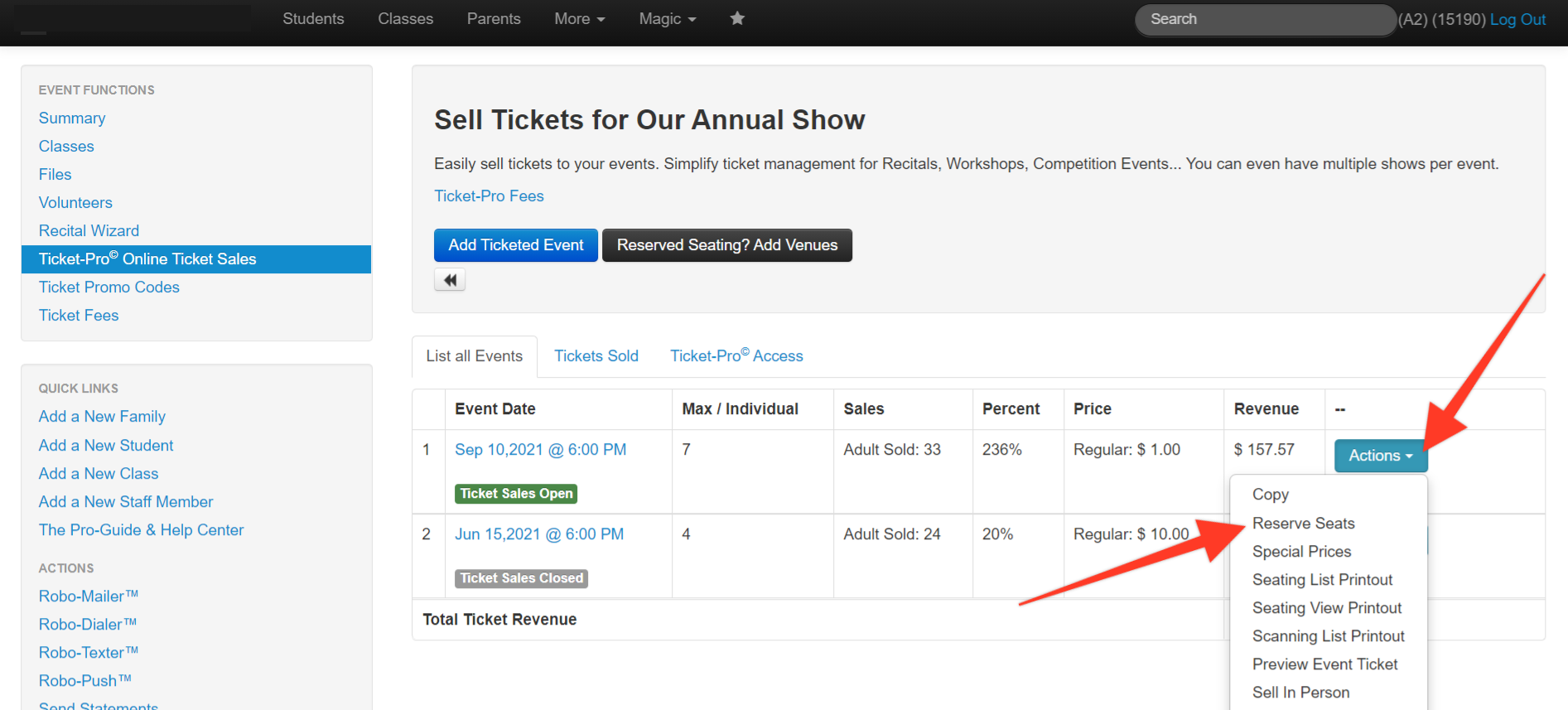 Ticket sales management interface