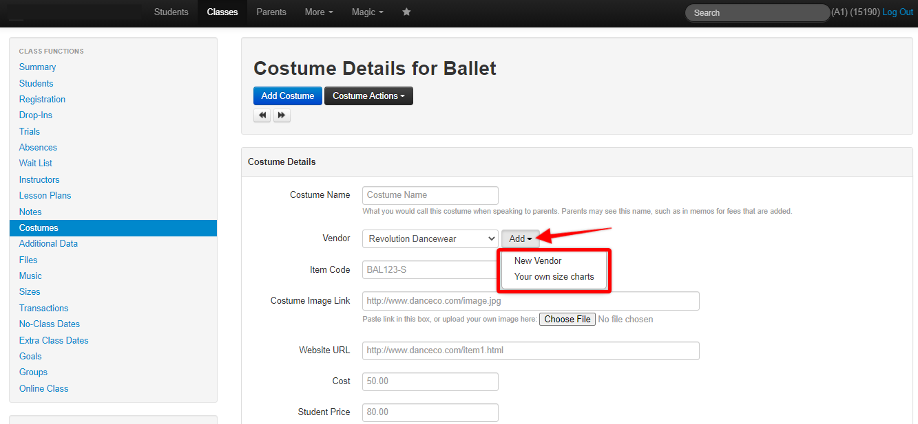 Costume details form for ballet class.